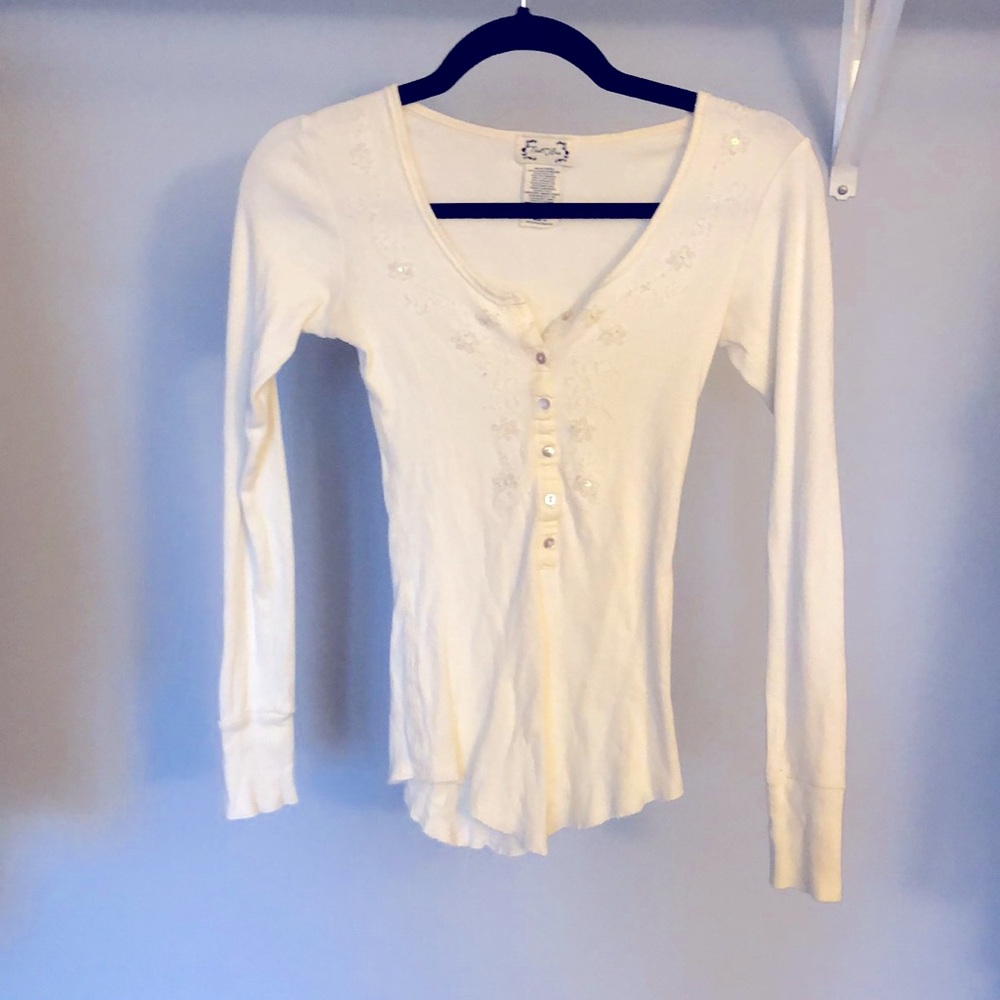 Beige long sleeve blouse with beading